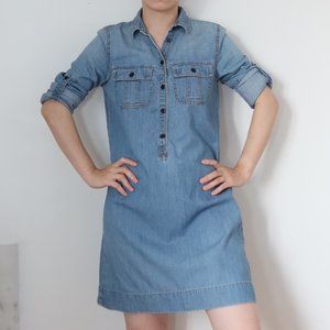 J.Crew denim shirt dress with sleeve pull tabs.